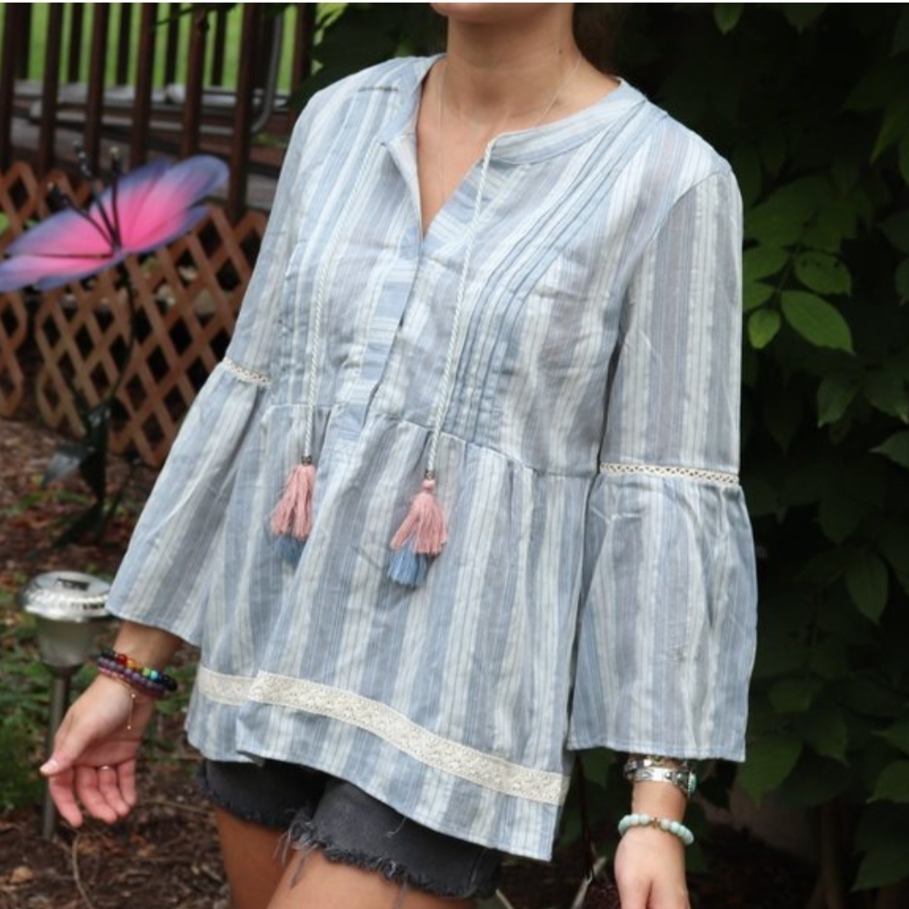 Striped Blue Blouse with Tassels